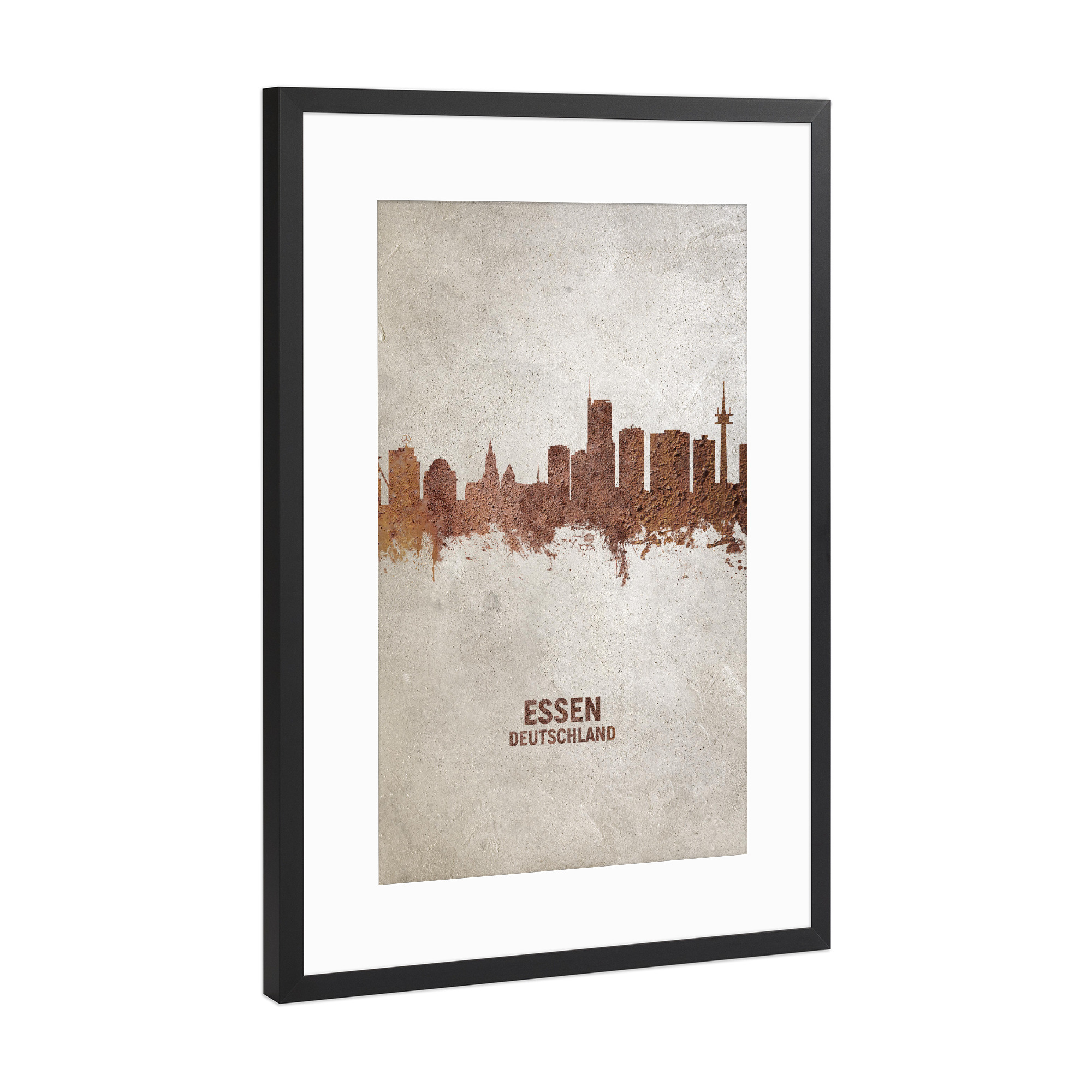 Poster mit Rahmen Schwarz (Metallic) "Essen Germany Skyline Rust" artboxONE - Städte