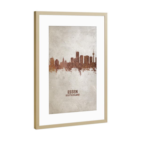 Poster mit Rahmen Gold "Essen Germany Skyline Rust" artboxONE - Städte