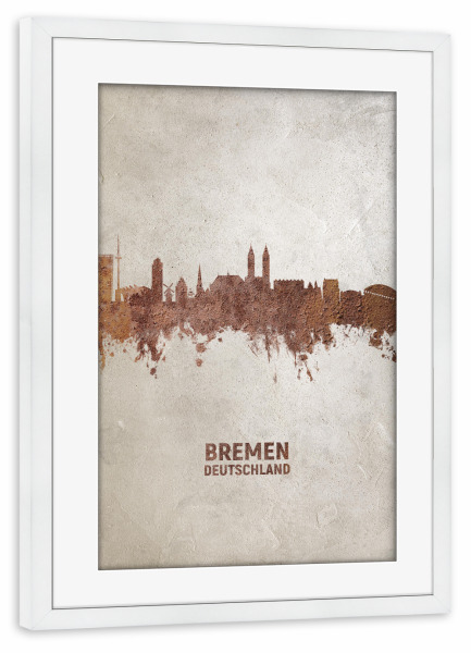 Poster mit Rahmen weiß "Bremen Germany Skyline Rust" artboxONE - Städte - Bremen,Germany,Skyline,Cityscape,Stadtbild,Watercolor,Pride,Deutschland