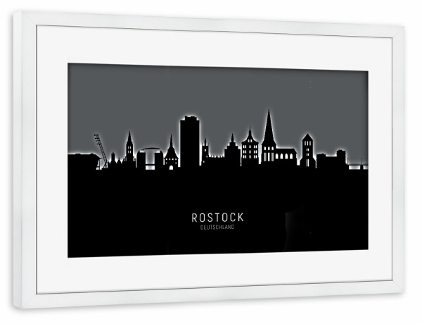 Poster mit Rahmen weiß "Rostock Germany Skyline Glow White" artboxONE - Städte,Schwarzweiß