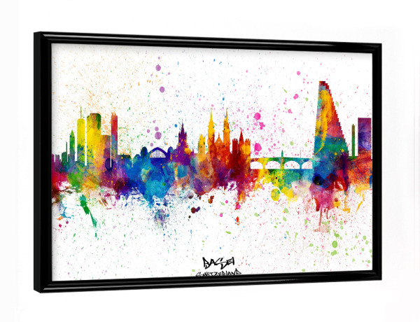 Poster mit schwarzem Rahmen "Basel Switzerland Skyline Splash" artboxONE - Städte