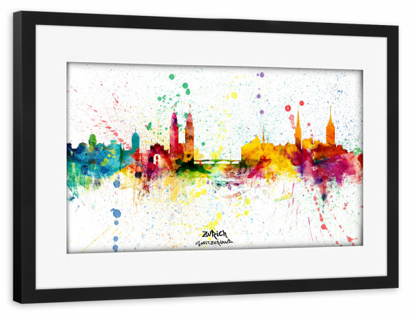 Poster mit Rahmen schwarz "Zurich Switzerland Skyline Splash" artboxONE - Städte,Städte / Zürich