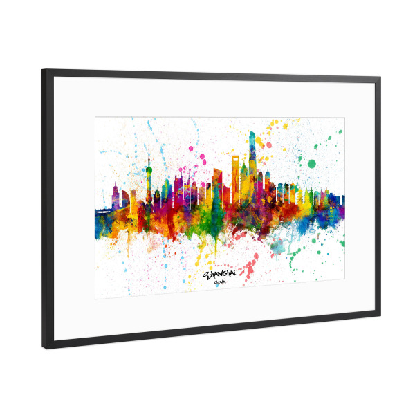 Poster mit Rahmen Schwarz (Metallic) "Shanghai China Skyline Splash" artboxONE - Städte,Städte / Shanghai