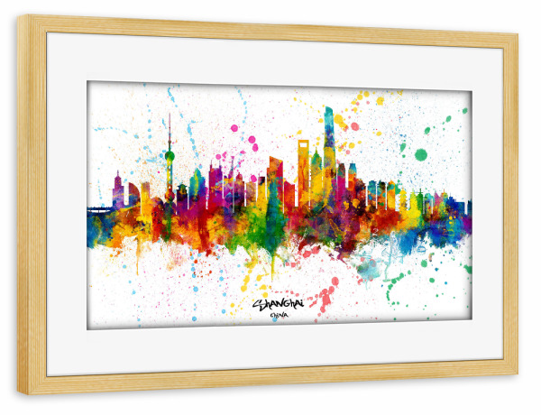 Poster mit Rahmen kiefer "Shanghai China Skyline Splash" artboxONE - Städte,Städte / Shanghai