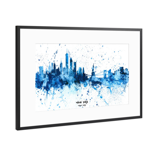 Poster mit Rahmen Schwarz (Metallic) "New York Skyline SplashBlue" artboxONE - Städte,Städte / New York