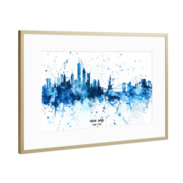 Poster mit Rahmen Gold "New York Skyline SplashBlue" artboxONE - Städte,Städte / New York