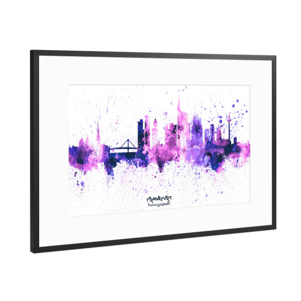 Poster mit Rahmen Schwarz (Metallic) "Frankfurt Skyline PurplePink" artboxONE - Städte,Städte / Frankfurt