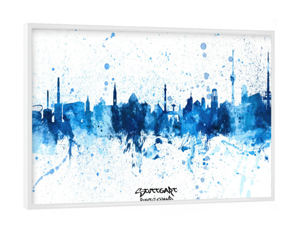 Poster mit weißem Rahmen "Stuttgart Skyline SplashBlue" artboxONE - Städte,Städte / Stuttgart