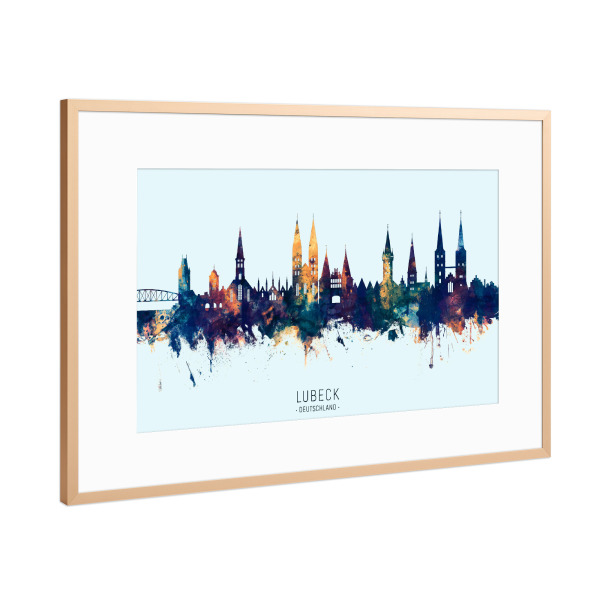 Poster mit Rahmen Kupfer "Lubeck Germany Skyline BlueOrange" artboxONE - Städte