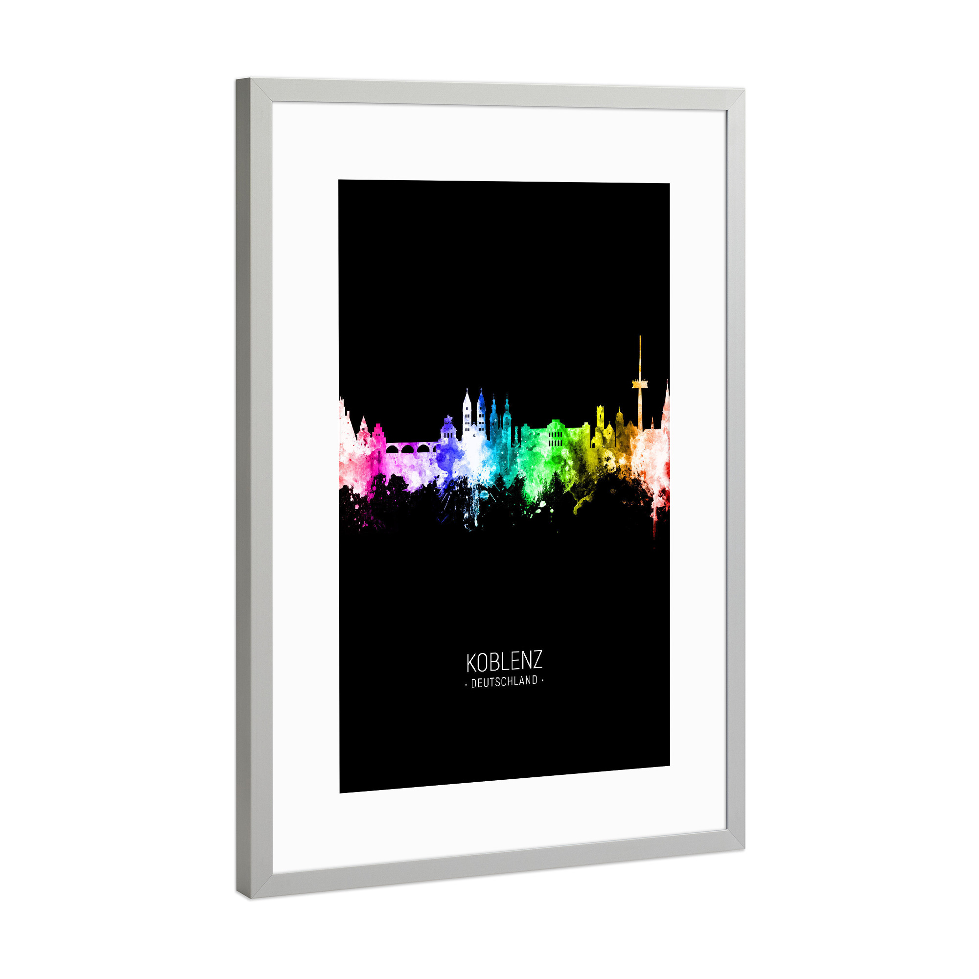 Poster mit Rahmen Silber "Koblenz Skyline Colour Black" artboxONE - Städte