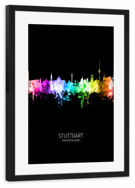 Poster mit Rahmen schwarz "Stuttgart Skyline Colour Black" artboxONE - Städte,Städte / Stuttgart