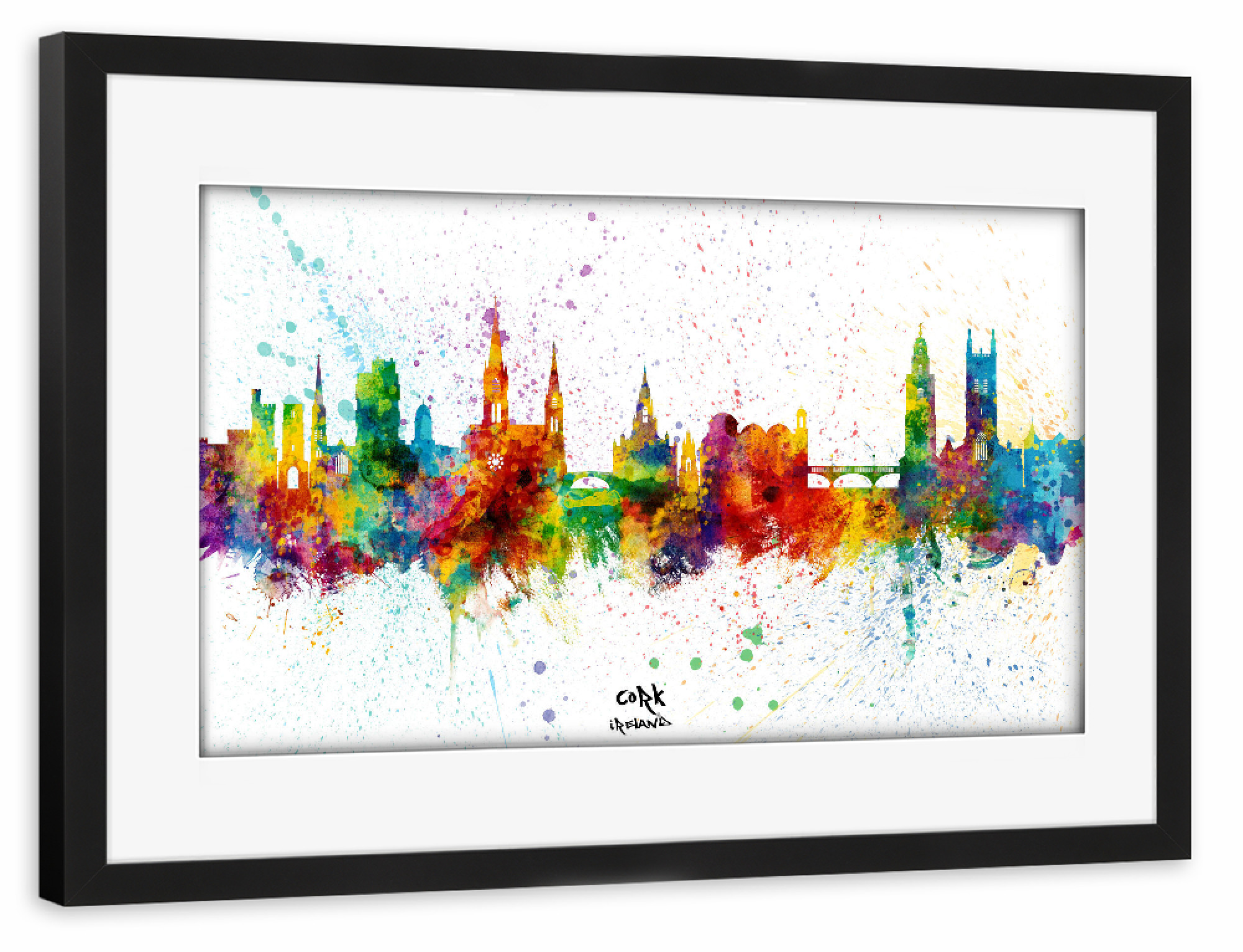 Poster mit Rahmen schwarz "Cork Ireland Skyline Splash" artboxONE - Städte