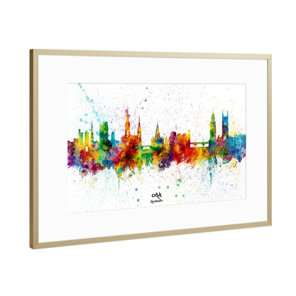Poster mit Rahmen Gold "Cork Ireland Skyline Splash" artboxONE - Städte - Cork,Ireland,Skyline,Cityscape,Stadtbild,Watercolor,City,Bunt,Colorful,Stadt