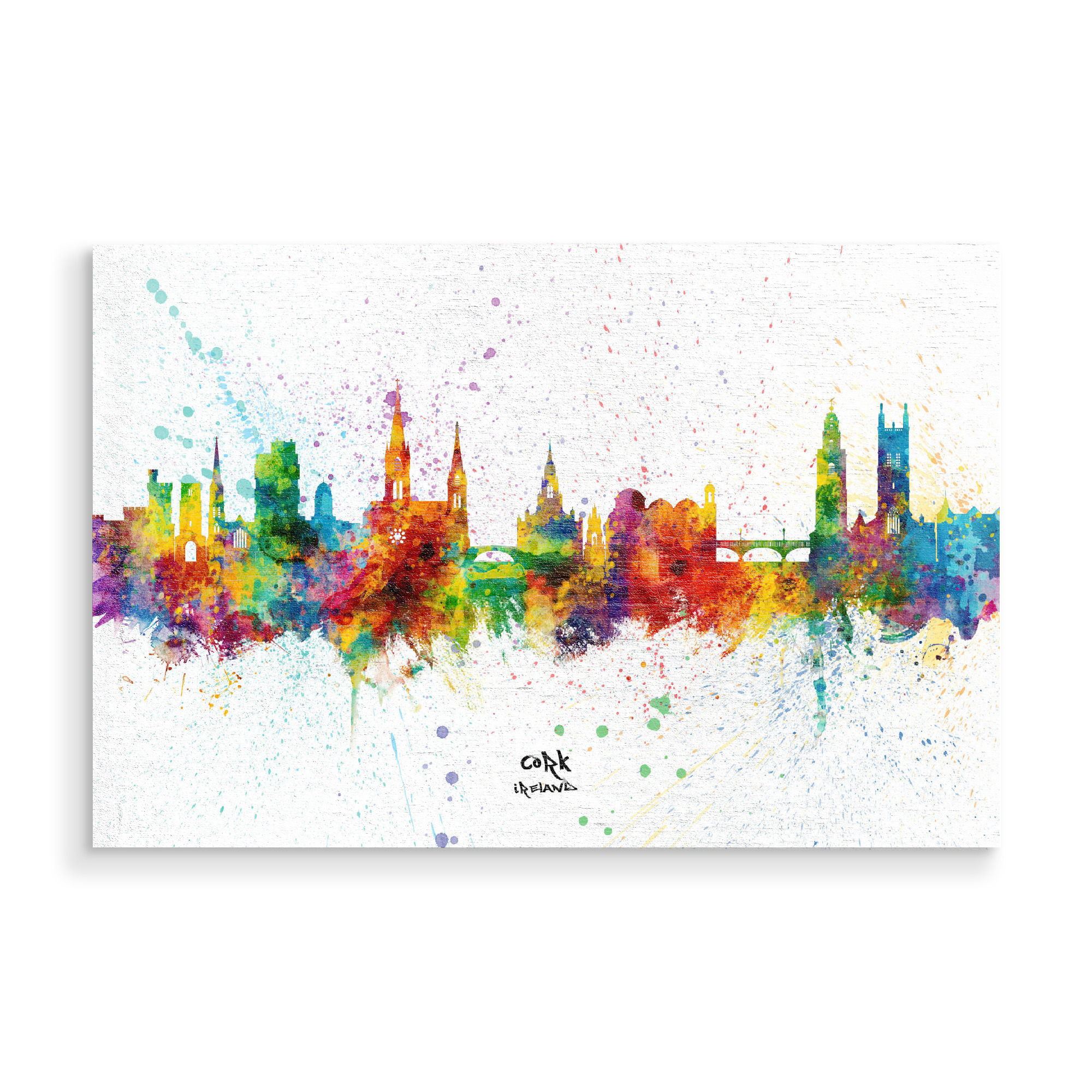Holzbild "Cork Ireland Skyline Splash" artboxONE - Städte - Cork,Ireland,Skyline,Cityscape,Stadtbild,Watercolor,City,Bunt,Colorful,Stadt