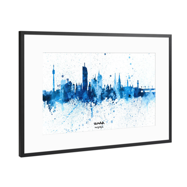 Poster mit Rahmen Schwarz (Metallic) "Vienna Austria Skyline SplashBlue" artboxONE - Städte,Städte / Wien