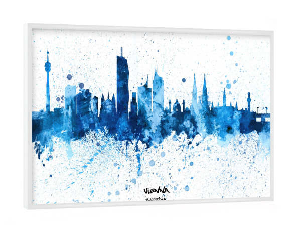 Poster mit weißem Rahmen "Vienna Austria Skyline SplashBlue" artboxONE - Städte,Städte / Wien