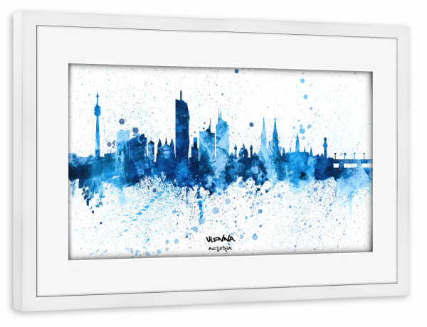 Poster mit Rahmen weiß "Vienna Austria Skyline SplashBlue" artboxONE - Städte,Städte / Wien