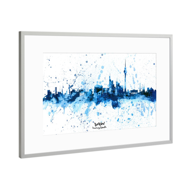 Poster mit Rahmen Silber "Berlin Germany Skyline SplashBlue" artboxONE - Städte,Städte / Berlin