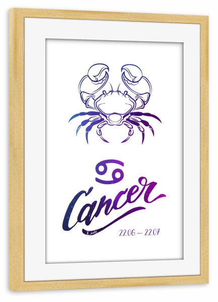 Poster mit Rahmen kiefer "Sternzeichen Krebs" artboxONE - Typografie - Cancer,Astrologie,Planet,Sterne,Galaxy,Himmel,Krebs,Zodiac,Sign,Star,Starsign