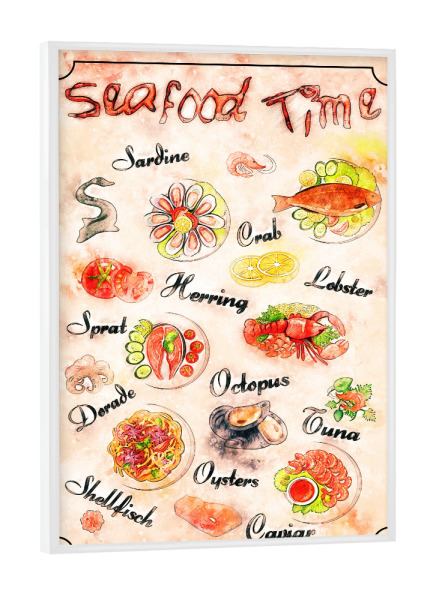 Poster mit weißem Rahmen "Zeit für Fisch - Seafood" artboxONE - Essen & Trinken
