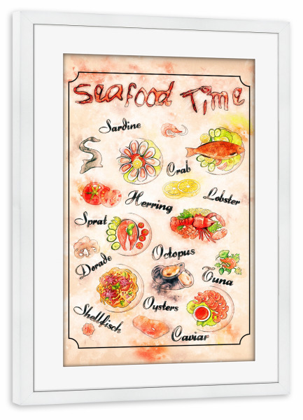 Poster mit Rahmen weiß "Zeit für Fisch - Seafood" artboxONE - Essen & Trinken