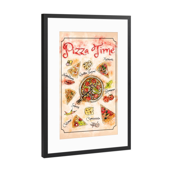 Poster mit Rahmen Schwarz (Metallic) "Zeit für Pizza" artboxONE - Essen & Trinken