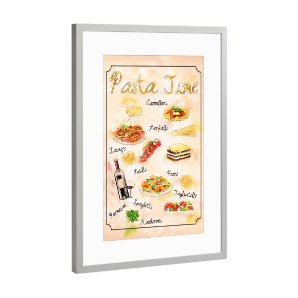 Poster mit Rahmen Silber "Zeit für Pasta" artboxONE - Essen & Trinken
