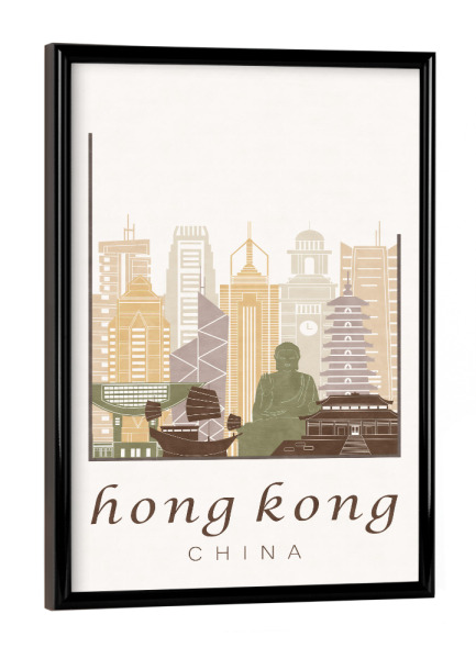 Poster mit schwarzem Rahmen "Hong Kong skyline rustic" artboxONE - Städte,Architektur
