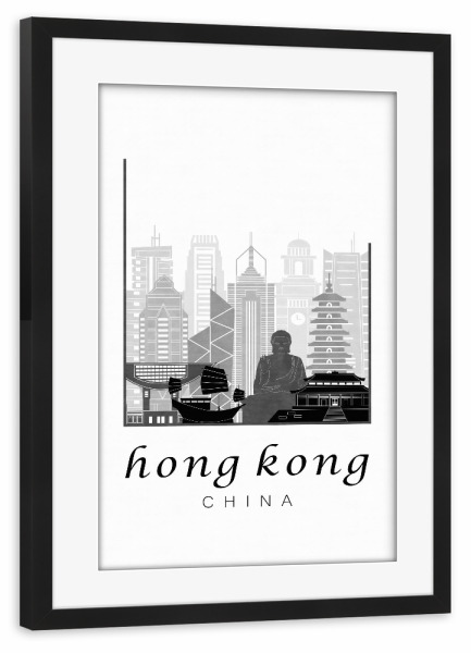 Poster mit Rahmen schwarz "Hong Kong skyline black & white" artboxONE - Städte,Schwarzweiß,Architektur