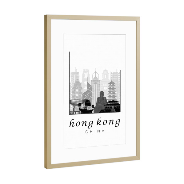 Poster mit Rahmen Gold "Hong Kong skyline black & white" artboxONE - Städte,Schwarzweiß,Architektur
