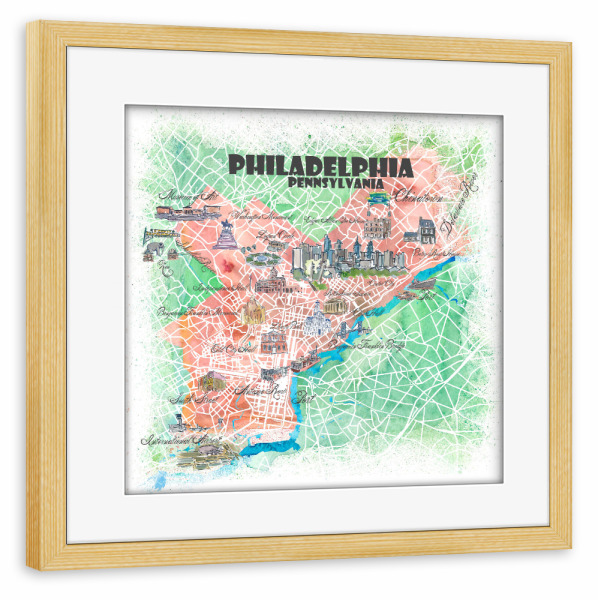Poster mit Rahmen kiefer "Philadelphia Illustrierte Karte" artboxONE - Städte,Architektur,Kartografie