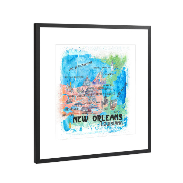 Poster mit Rahmen Schwarz (Metallic) "New Orleans Illustrierte Karte" artboxONE - Architektur,Kartografie