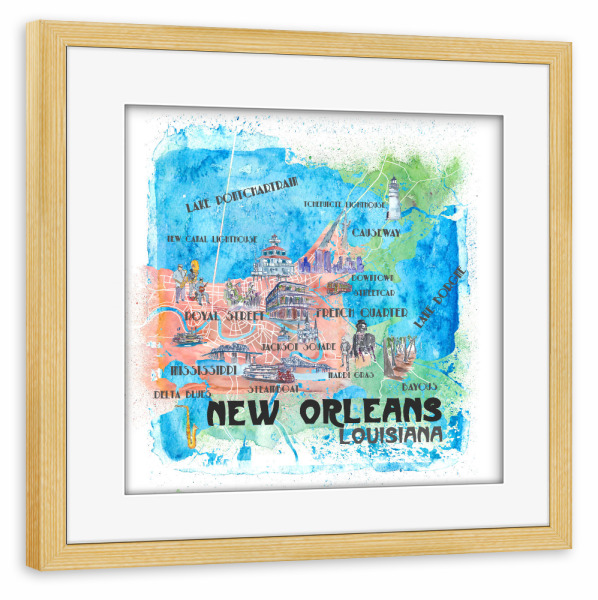 Poster mit Rahmen kiefer "New Orleans Illustrierte Karte" artboxONE - Architektur,Kartografie