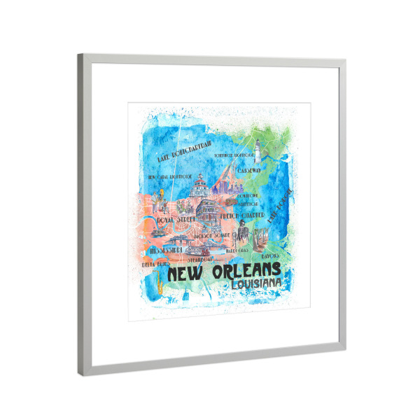 Poster mit Rahmen Silber "New Orleans Illustrierte Karte" artboxONE - Architektur,Kartografie