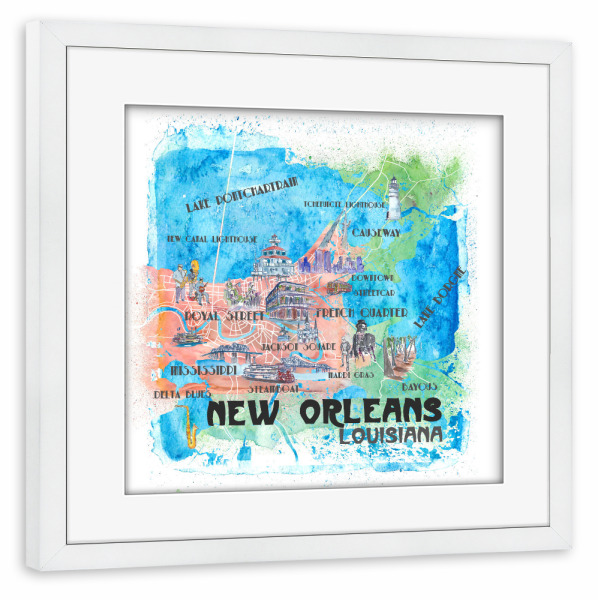 Poster mit Rahmen weiß "New Orleans Illustrierte Karte" artboxONE - Architektur,Kartografie