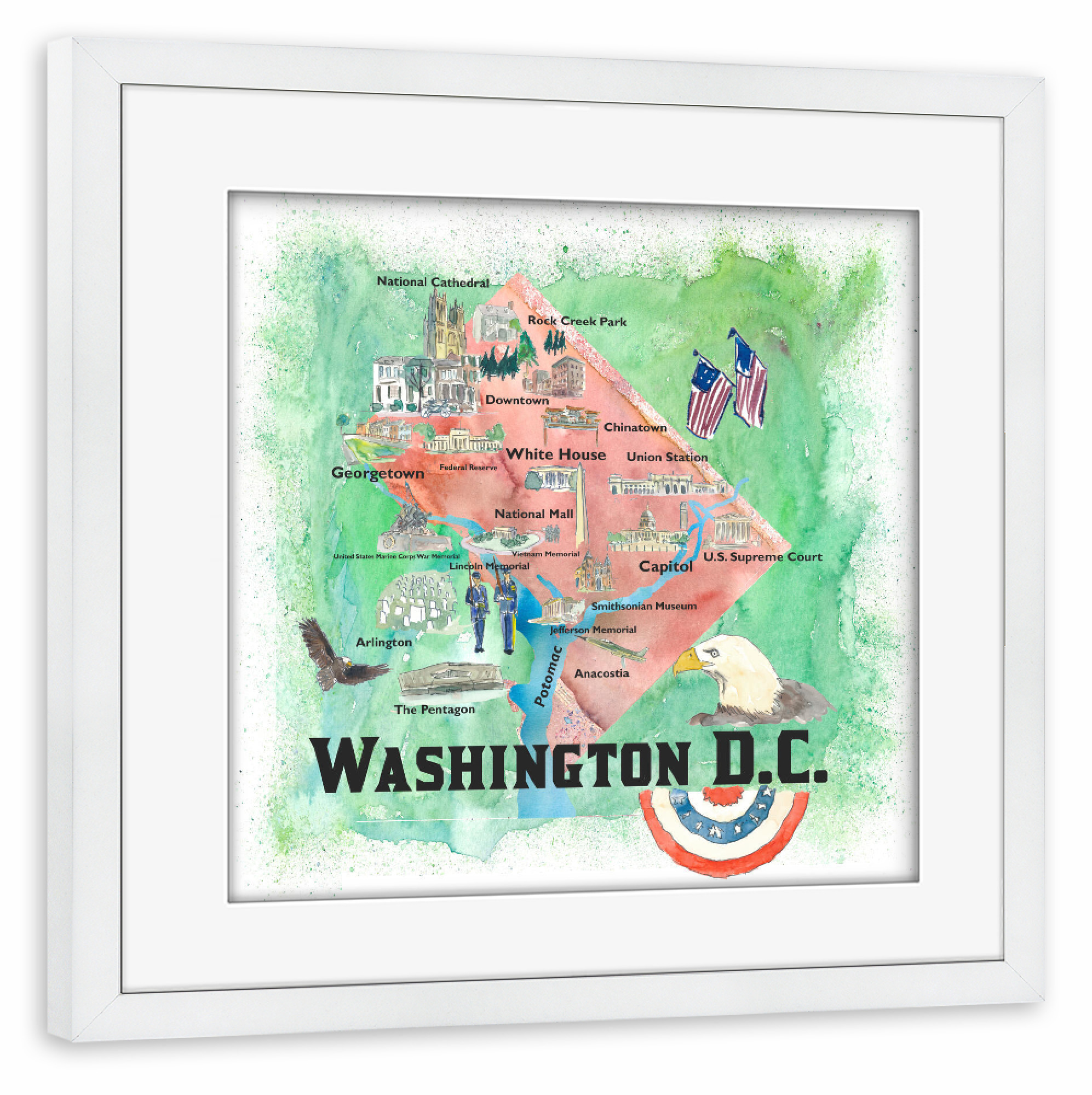 Poster mit Rahmen weiß "Washington DC Illustrierte Karte" artboxONE - Städte,Städte / Washington,Kartografie