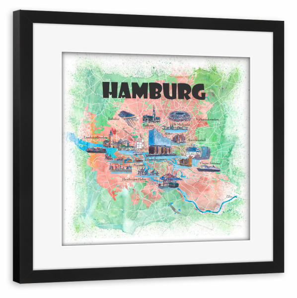 Poster mit Rahmen schwarz "Hamburg Illustrierte Karte" artboxONE - Städte,Städte / Hamburg,Kartografie