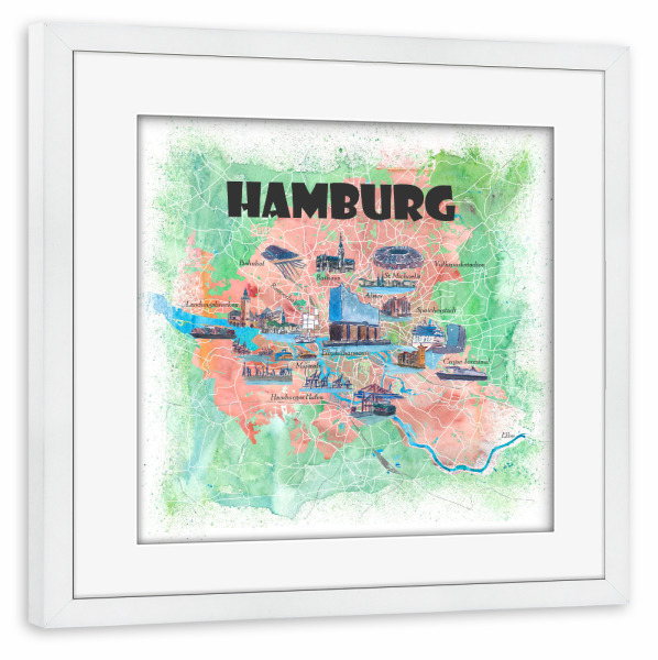 Poster mit Rahmen weiß "Hamburg Illustrierte Karte" artboxONE - Städte,Städte / Hamburg,Kartografie