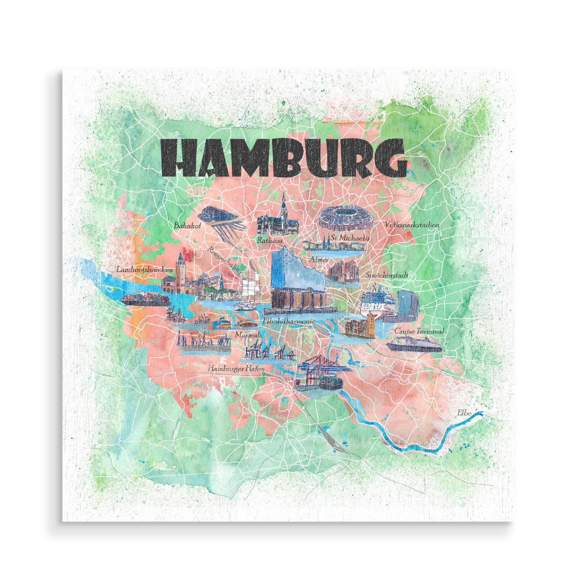 Holzbild "Hamburg Illustrierte Karte" artboxONE - Städte,Städte / Hamburg,Kartografie