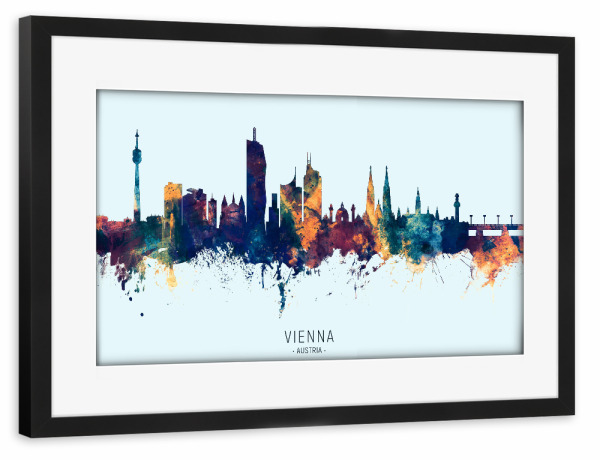 Poster mit Rahmen schwarz "Vienna Austria Skyline BlueOrange" artboxONE - Städte,Städte / Wien