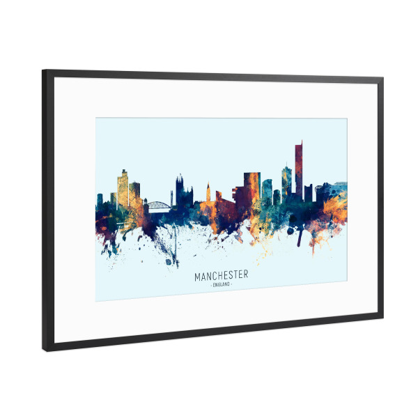 Poster mit Rahmen Schwarz (Metallic) "Manchester Skyline BlueOrange" artboxONE - Städte