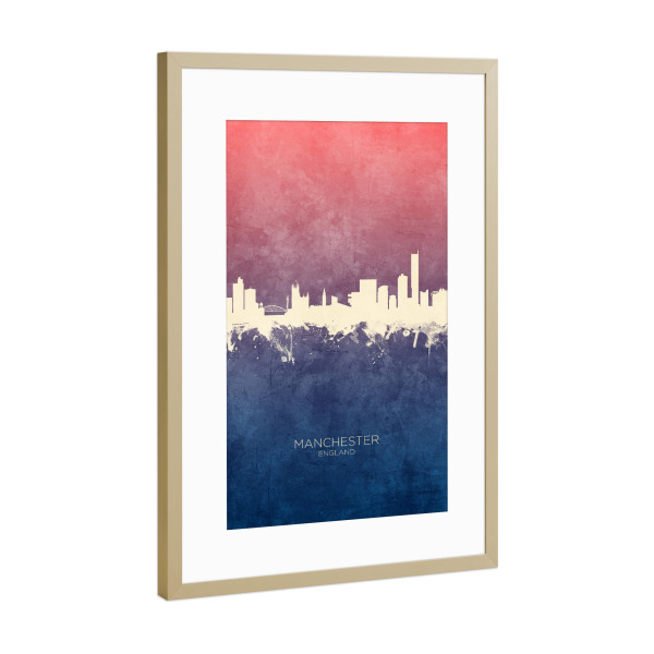 Poster mit Rahmen Gold "Manchester Skyline BlueRose" artboxONE - Städte - Manchester,England,Skyline,Cityscape,Stadtbild,Watercolor,Pride,City,Stadt