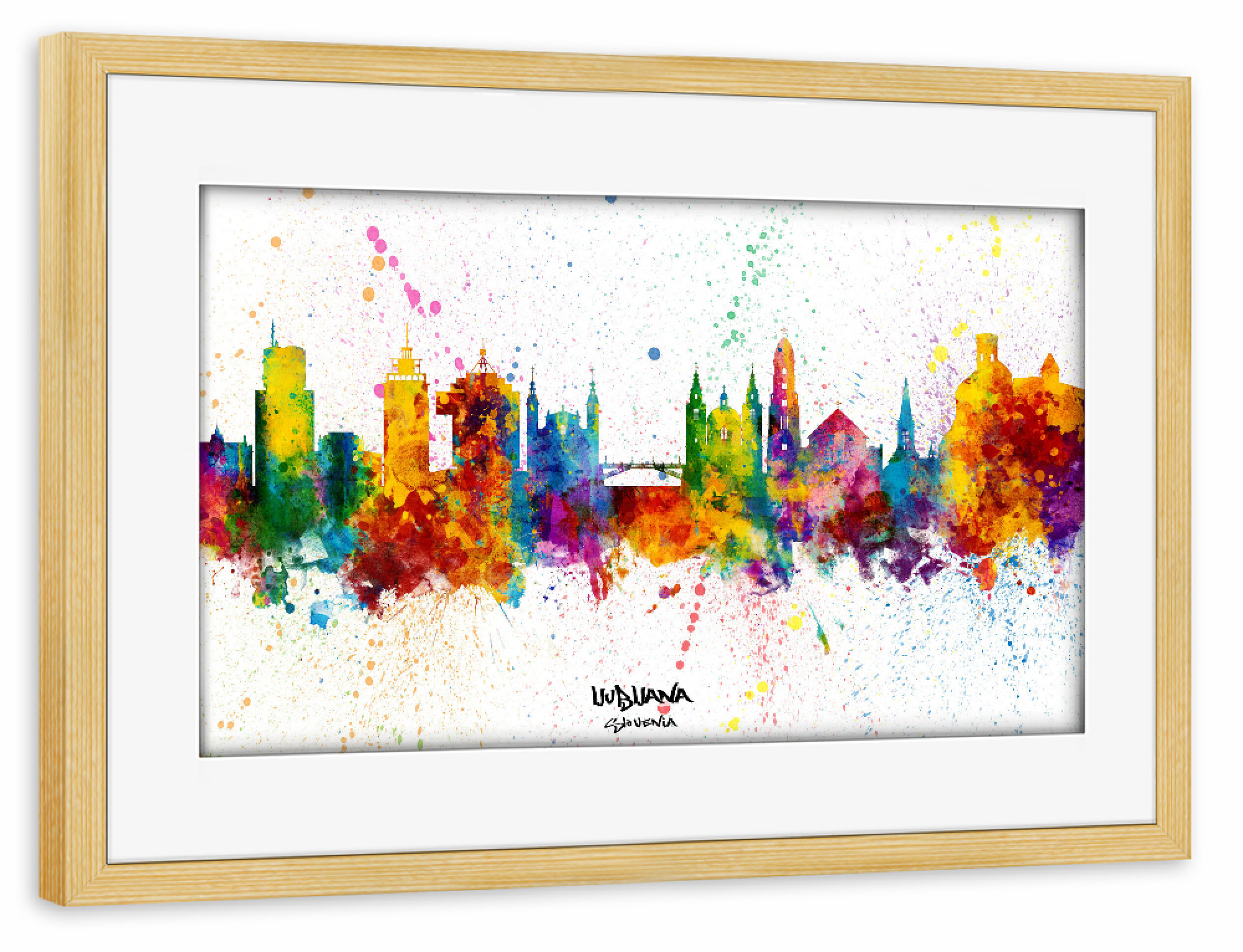 Poster mit Rahmen kiefer "Ljubljana Slovenia Skyline Splash" artboxONE - Städte