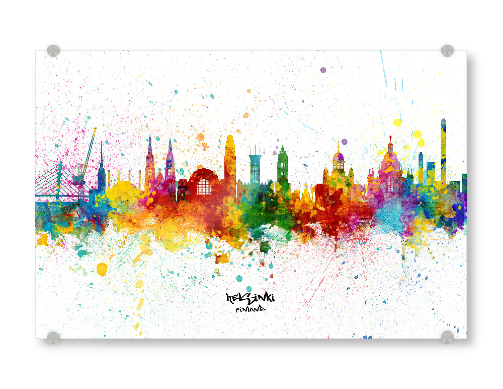 Acrylglasbild "Helsinki Finland Skyline Splash" artboxONE - Städte - Helsinki,Finland,Skyline,Cityscape,Stadtbild,Watercolor,City,Stadt,Colorful,Bunt