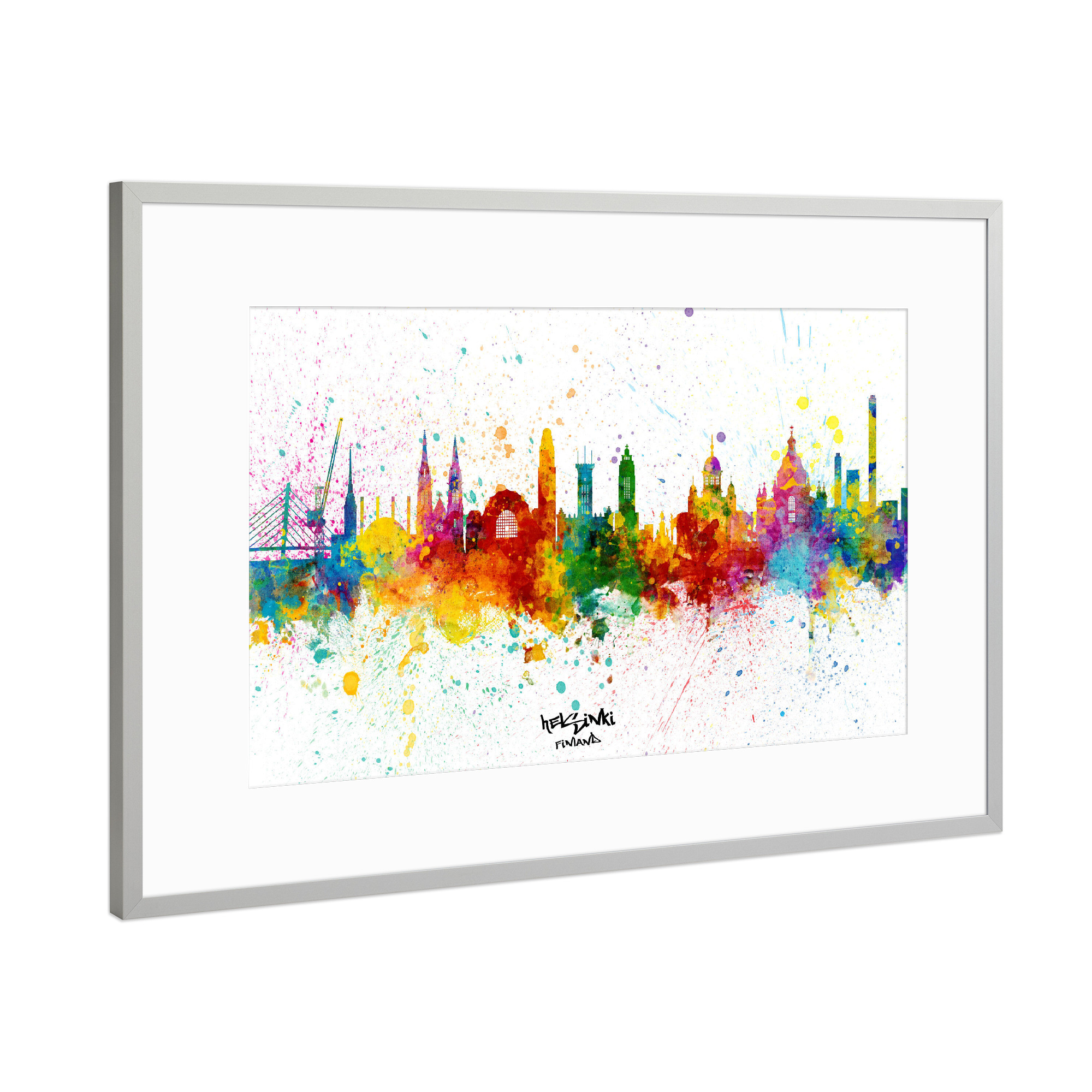 Poster mit Rahmen Silber "Helsinki Finland Skyline Splash" artboxONE - Städte