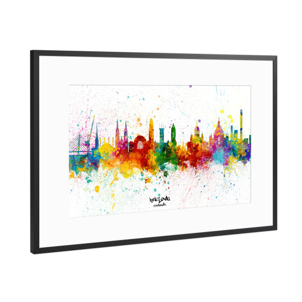 Poster mit Rahmen Schwarz (Metallic) "Helsinki Finland Skyline Splash" artboxONE - Städte