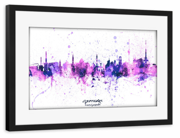 Poster mit Rahmen schwarz "Stuttgart Skyline PurplePink" artboxONE - Städte,Städte / Stuttgart