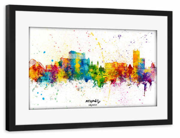 Poster mit Rahmen schwarz "Athens Greece Skyline Splash" artboxONE - Städte