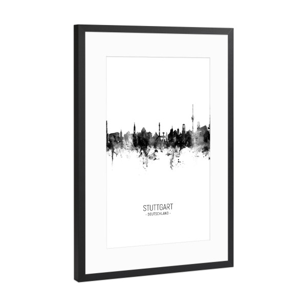 Poster mit Rahmen Schwarz (Metallic) "Stuttgart Germany Skyline BW" artboxONE - Städte,Schwarzweiß,Städte / Stuttgart