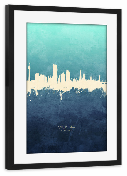 Poster mit Rahmen schwarz "Vienna Austria Skyline NavyCyan" artboxONE - Städte,Städte / Wien